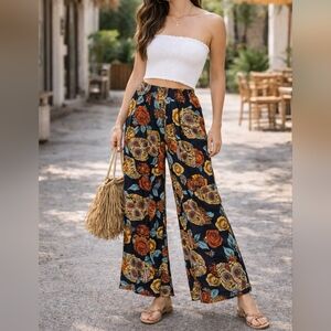 Buho Skull Floral Wide Leg Pants Rayon Festival Beach Pants Size M